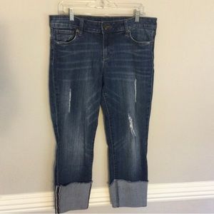 Kut From The Kloth Size 12 Cameron Straight Leg Raw Hem Cuffed Distressed Jeans